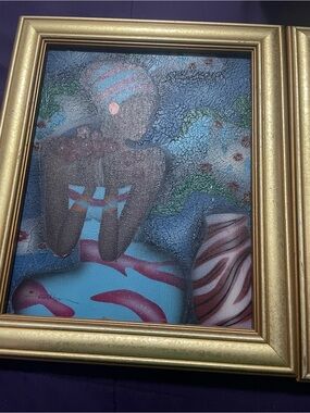 Beautiful Vintage oil painting. African woman enjoying flowers.